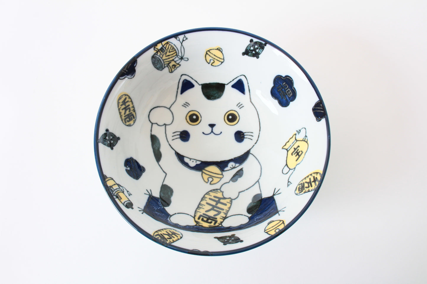 Mino ware Japanese Ceramics Ramen Noodle Donburi Bowl Lucky Beckoning Cat Manekineko Navy Blue made in Japan