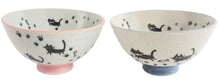 【2pcs set】Mino ware Japanese Ceramics Pair Rice Bowl Pink & Blue Black Cat Walking made in Japan