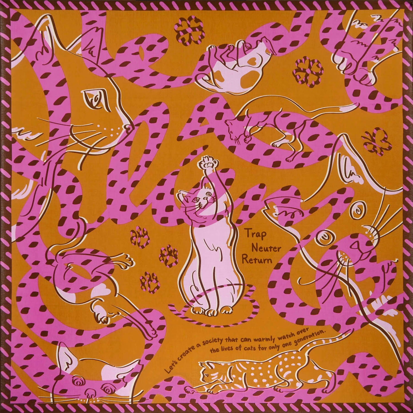 Japanese Cat Print Furoshiki Wrapping Cloth Large – Lien Orange  38.2in