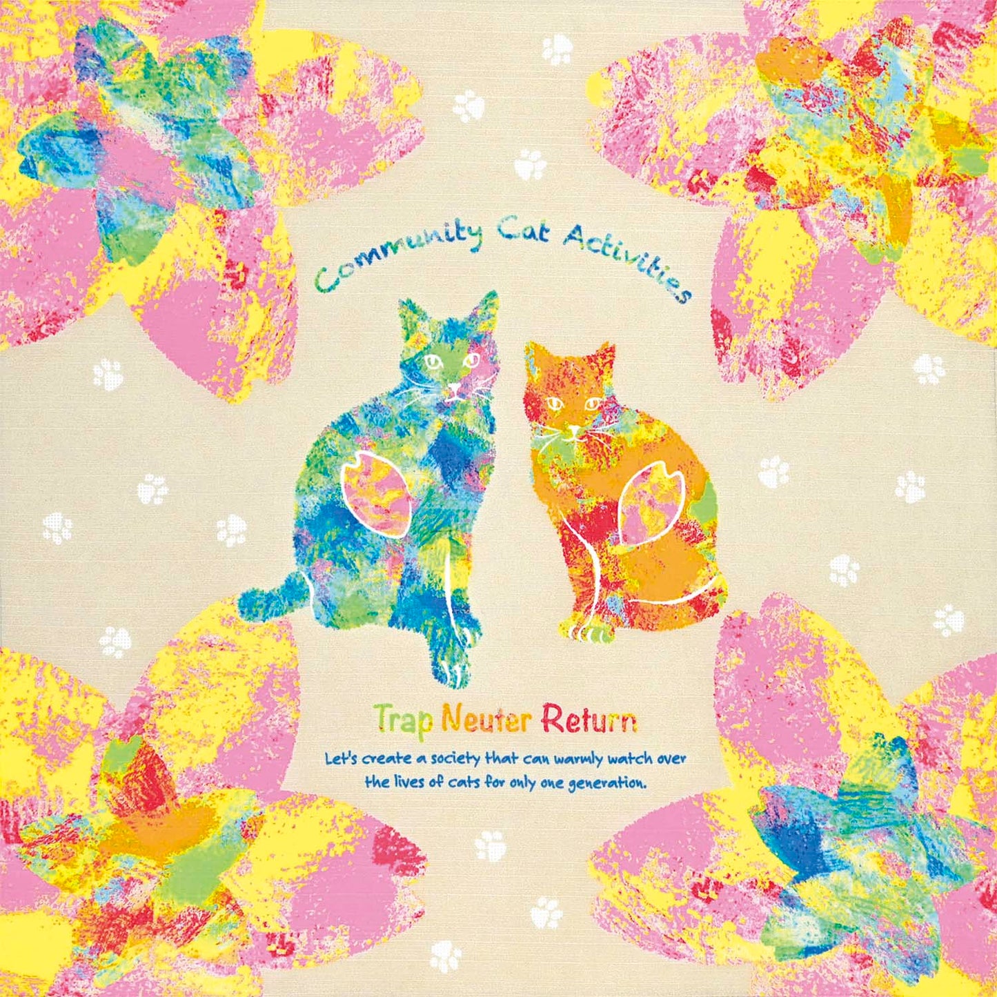 Japanese Cat Print Furoshiki Wrapping Cloth – “Sakura Cherry Blossom & Cats” Beige & Pink 19.7in