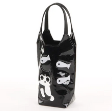 Cute Chubby Cat Pattern Water Bottle Bag Glossy Black made in Japan