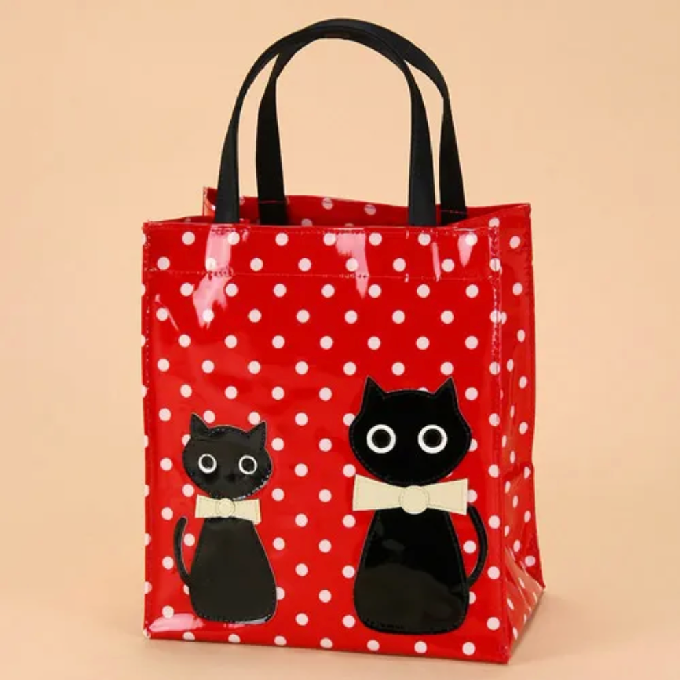 Mini Tote Bag w/ Ribbon Cat & Dot Pattern Red Polka Dots made in Japan
