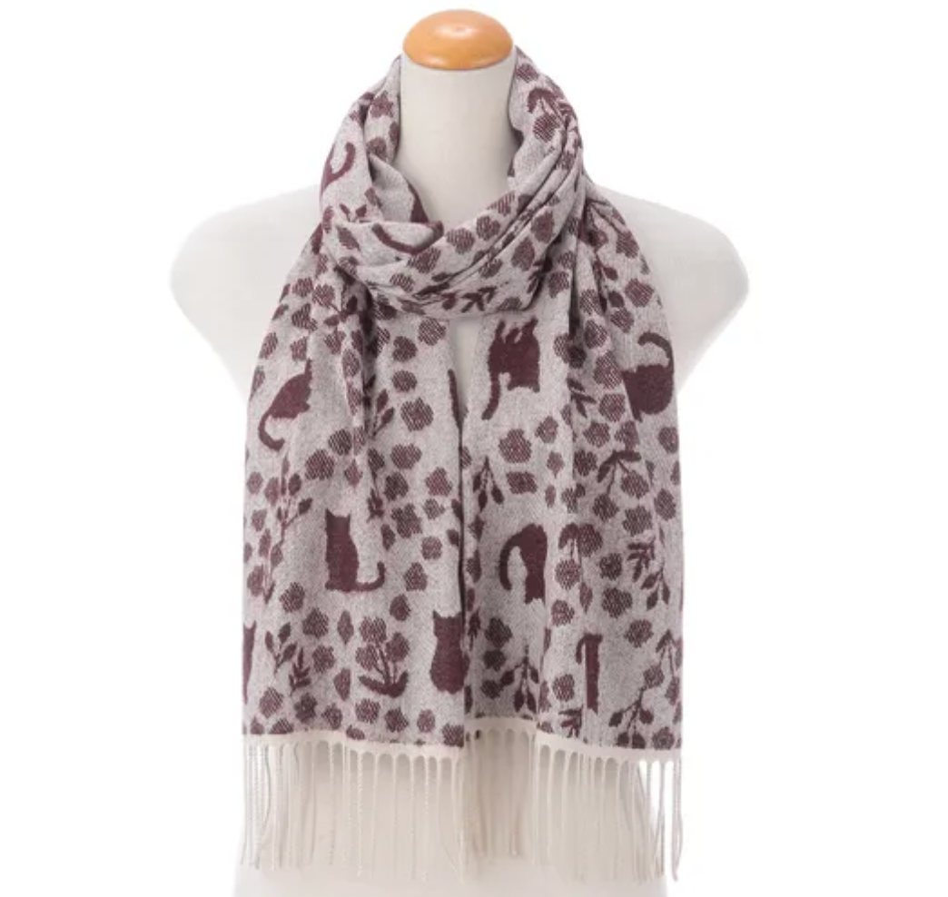Soft Jacquard Cat & Flower Pattern Scarf Off White made in Japan