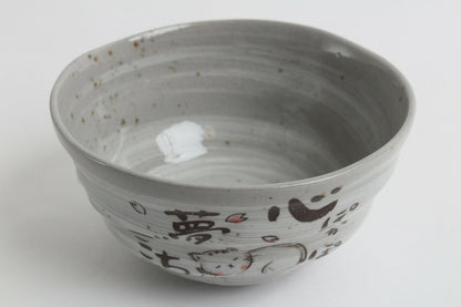 Mino ware Japanese Pottery Rice Bowl Sleeping Cat Sanaegama Gray made in Japan