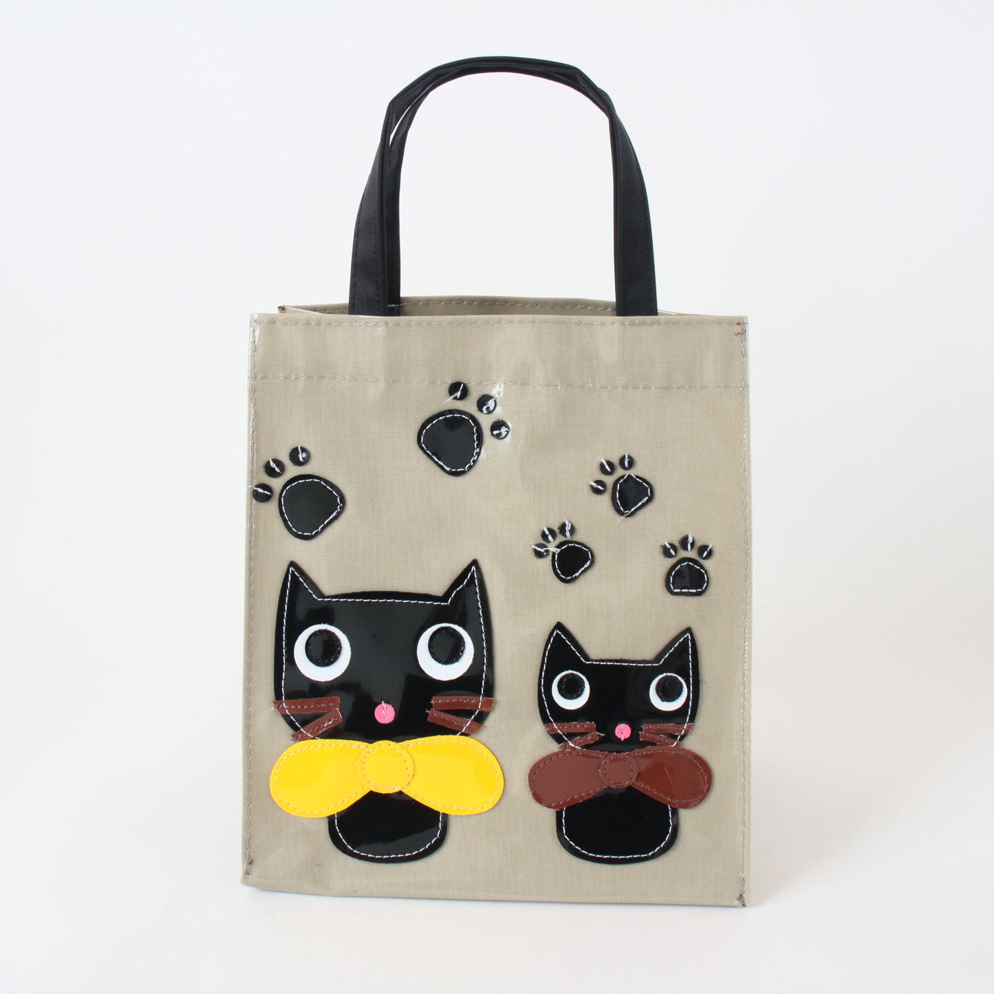 Mini Tote Bag with Big Ribbon Cats Olive Made in Japan