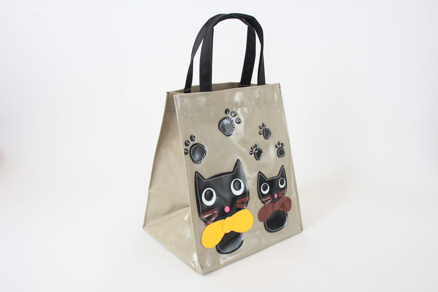 Mini Tote Bag with Big Ribbon Cats Olive Made in Japan