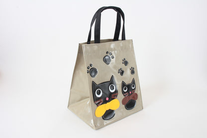 Mini Tote Bag with Big Ribbon Cats Olive Made in Japan