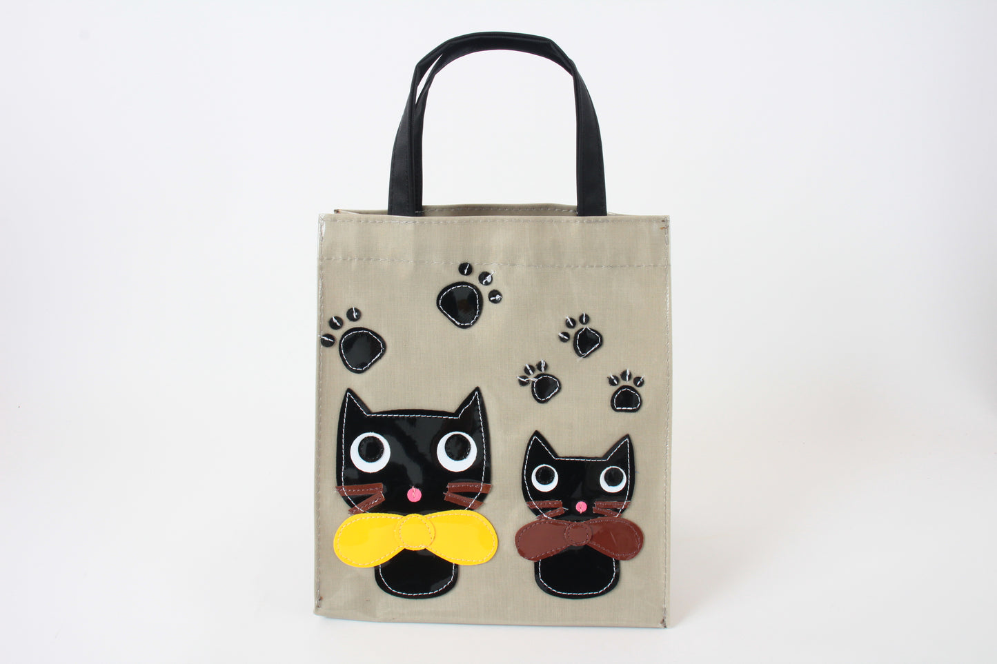 Mini Tote Bag with Big Ribbon Cats Olive Made in Japan