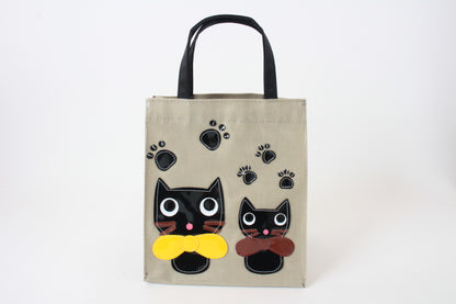 Mini Tote Bag with Big Ribbon Cats Olive Made in Japan