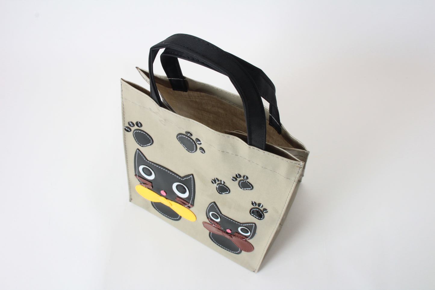 Mini Tote Bag with Big Ribbon Cats Olive Made in Japan