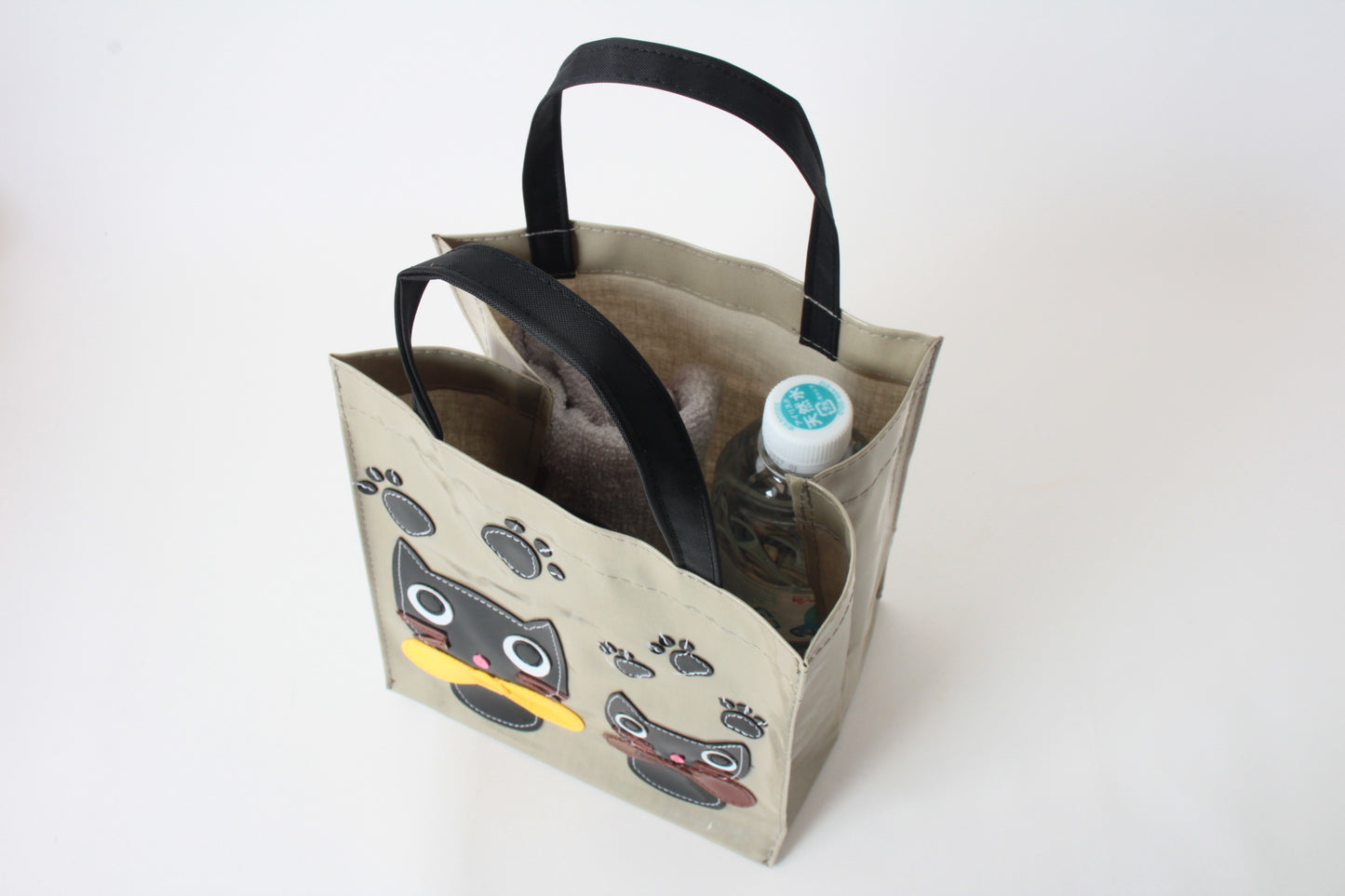 Mini Tote Bag with Big Ribbon Cats Olive Made in Japan