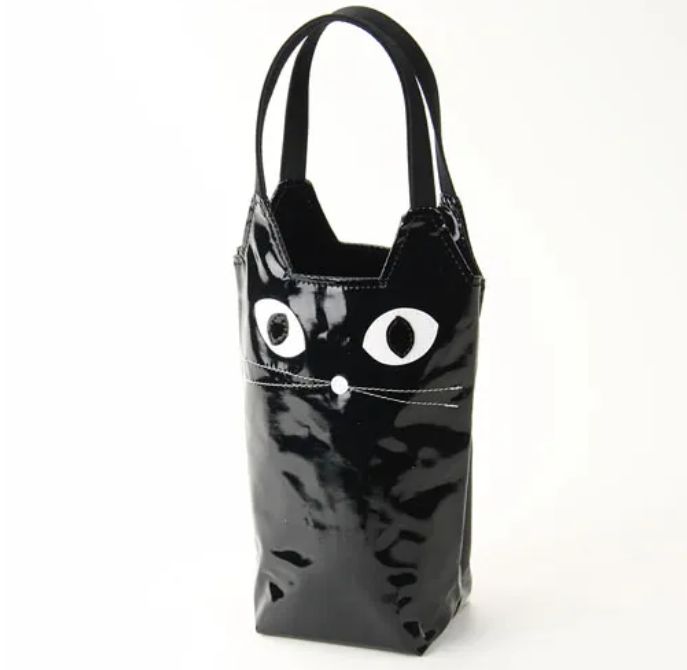 Water Bottle Bag with Whiskered Cat Glossy Black Made in Japan