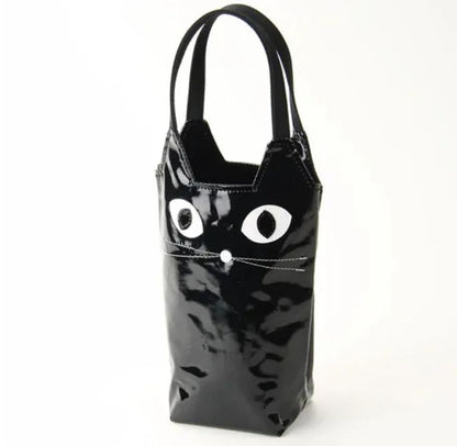 Water Bottle Bag with Whiskered Cat Glossy Black Made in Japan