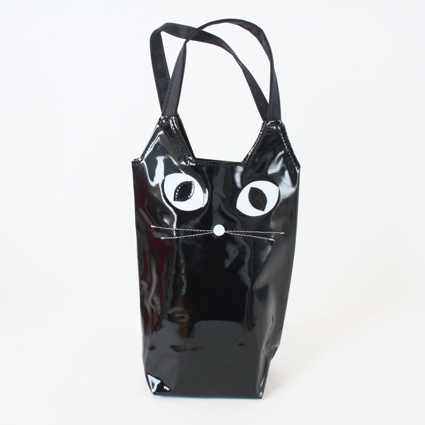 Water Bottle Bag with Whiskered Cat Glossy Black Made in Japan