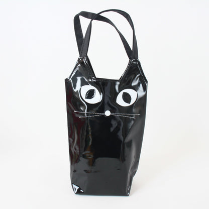 Water Bottle Bag with Whiskered Cat Glossy Black Made in Japan