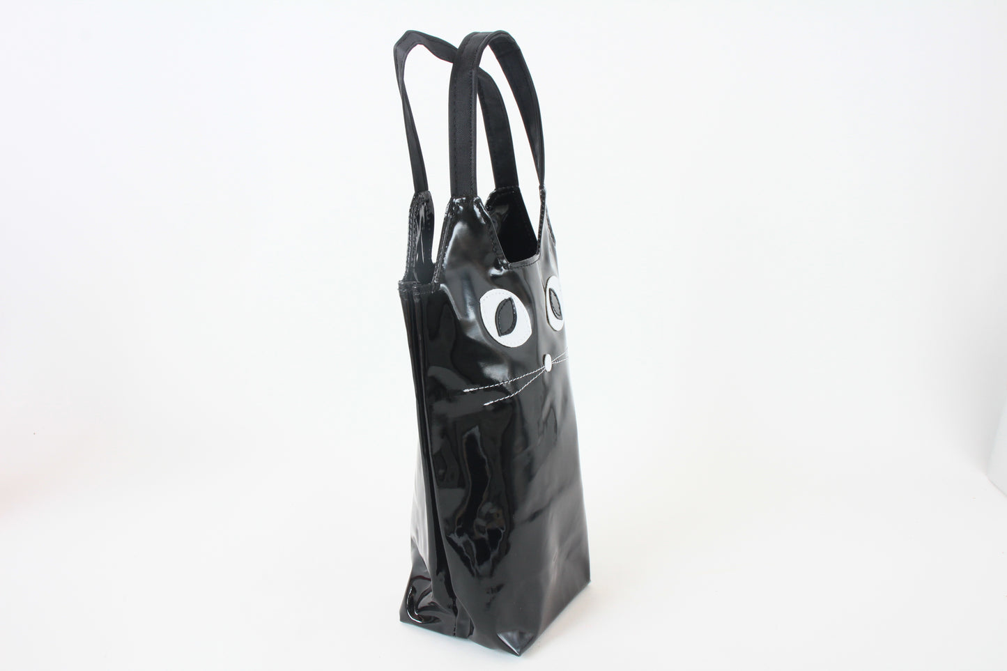 Water Bottle Bag with Whiskered Cat Glossy Black Made in Japan