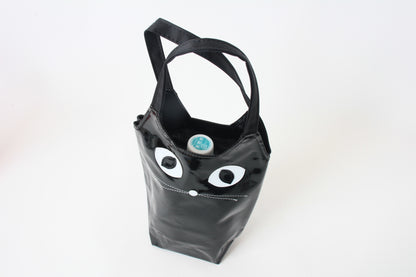Water Bottle Bag with Whiskered Cat Glossy Black Made in Japan