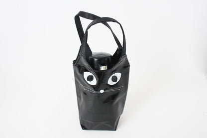 Water Bottle Bag with Whiskered Cat Glossy Black Made in Japan