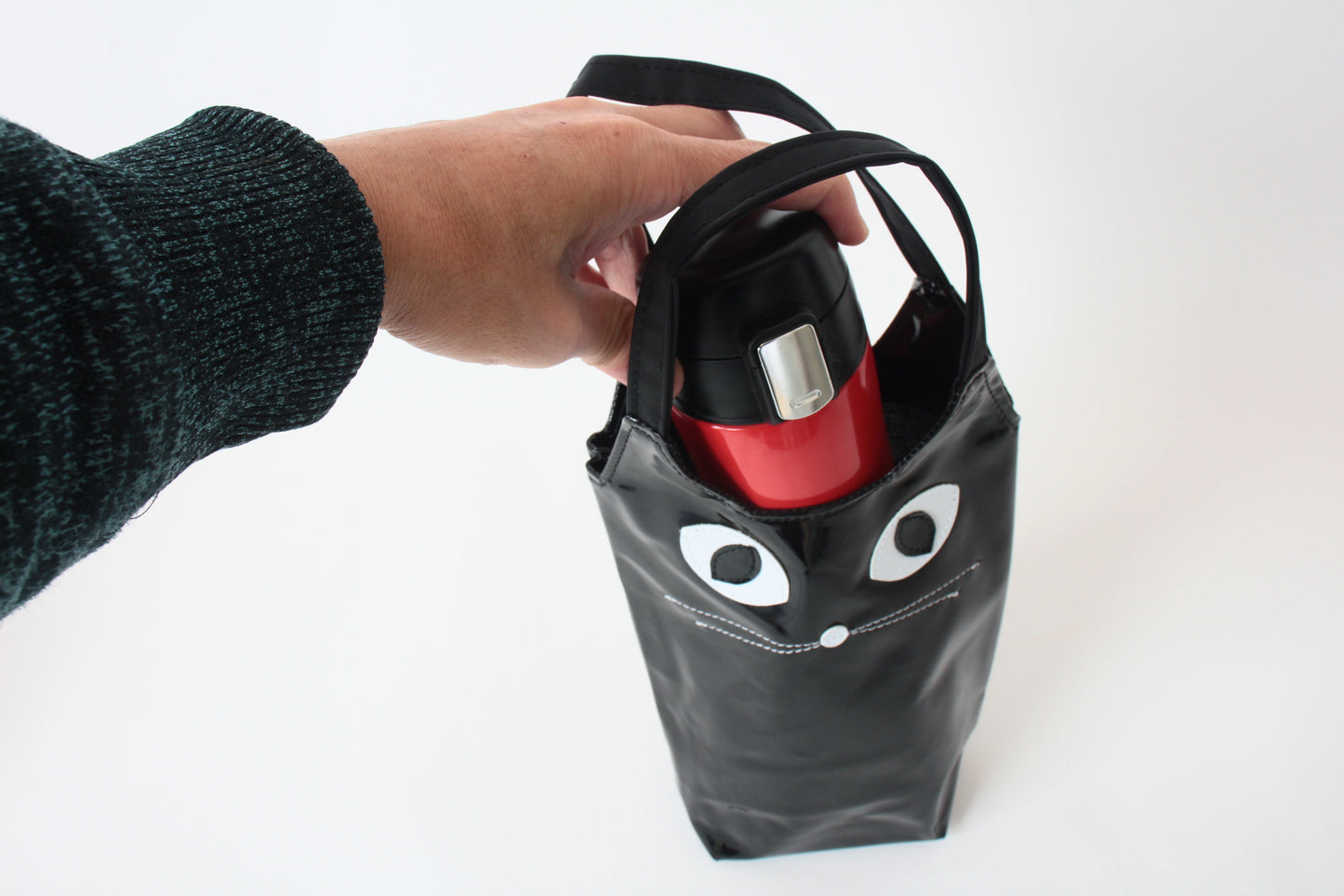 Water Bottle Bag with Whiskered Cat Glossy Black Made in Japan