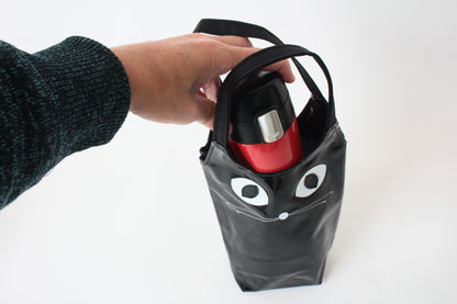Water Bottle Bag with Whiskered Cat Glossy Black Made in Japan