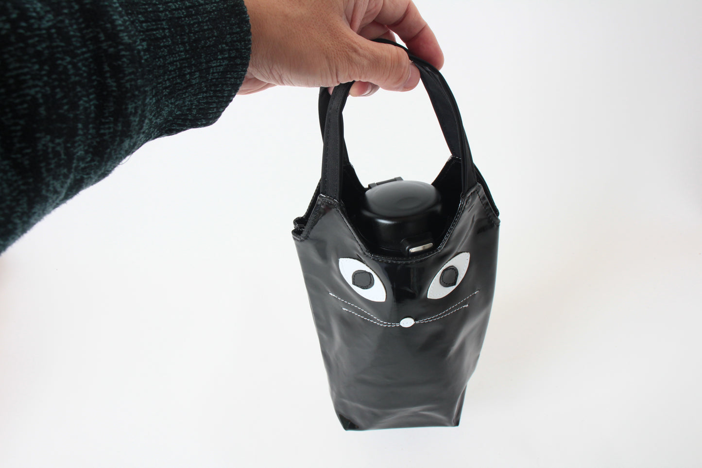 Water Bottle Bag with Whiskered Cat Glossy Black Made in Japan