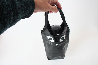 Water Bottle Bag with Whiskered Cat Glossy Black Made in Japan