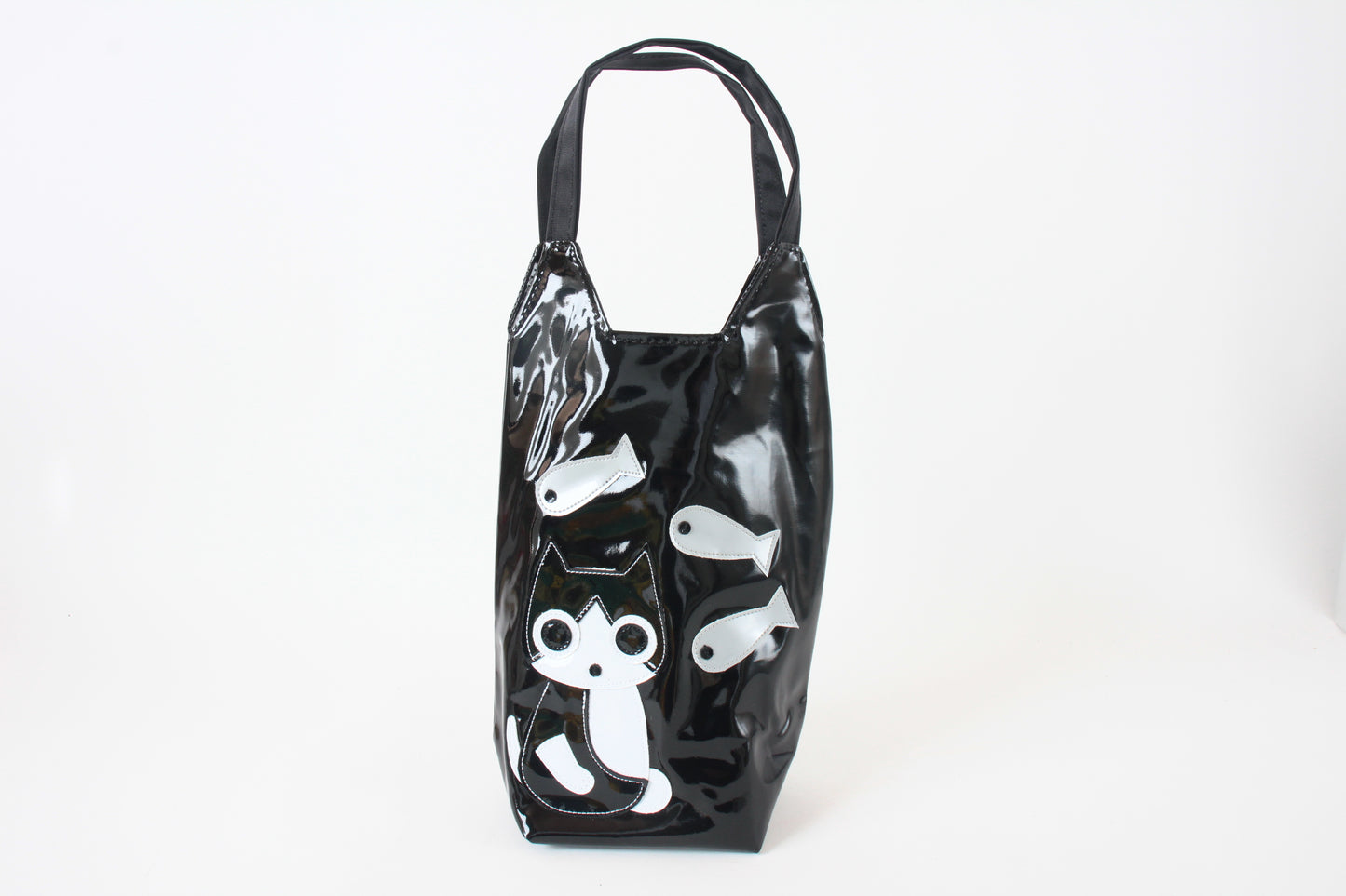 Cute Chubby Cat Pattern Water Bottle Bag Glossy Black made in Japan