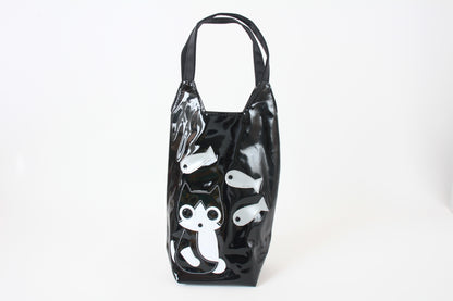 Cute Chubby Cat Pattern Water Bottle Bag Glossy Black made in Japan