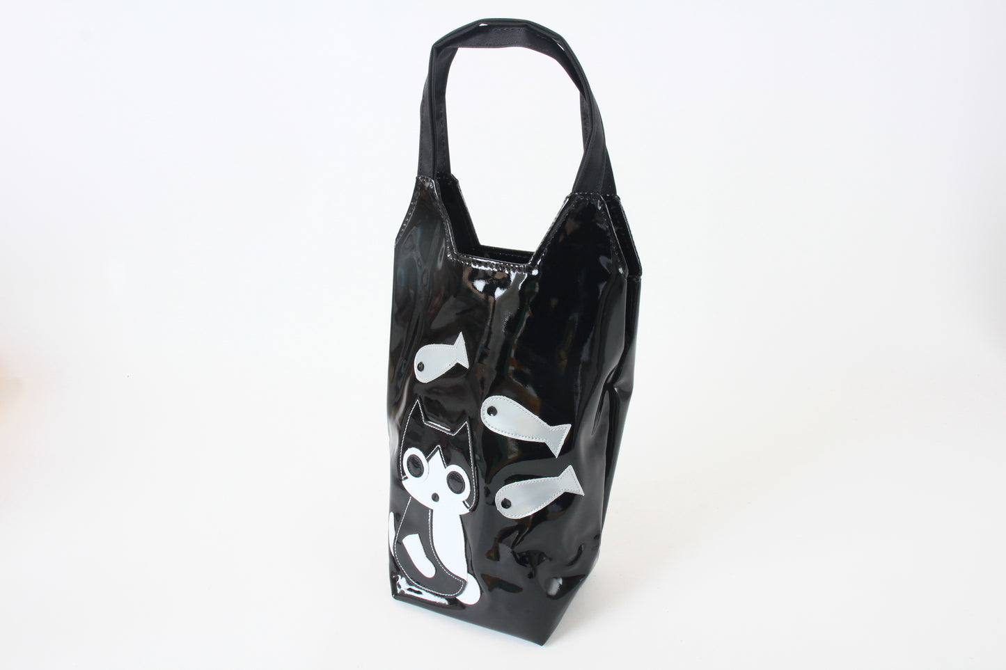 Cute Chubby Cat Pattern Water Bottle Bag Glossy Black made in Japan