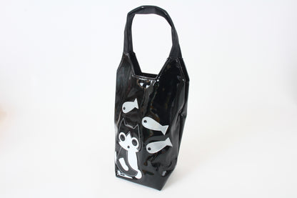 Cute Chubby Cat Pattern Water Bottle Bag Glossy Black made in Japan