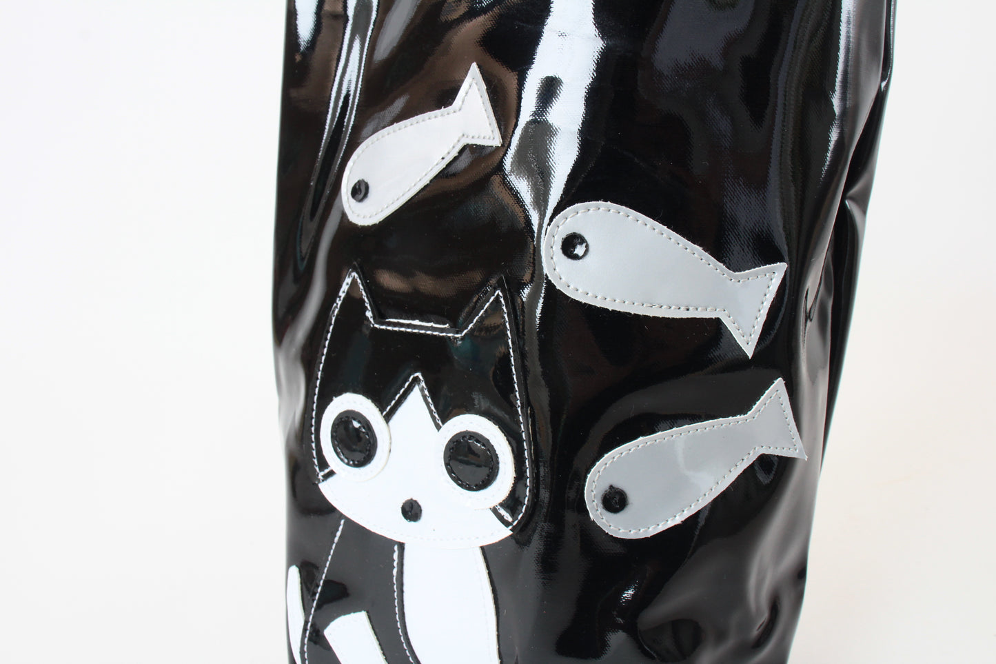 Cute Chubby Cat Pattern Water Bottle Bag Glossy Black made in Japan