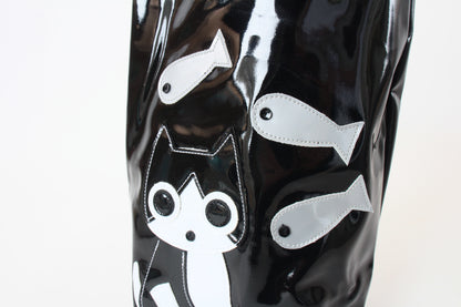 Cute Chubby Cat Pattern Water Bottle Bag Glossy Black made in Japan
