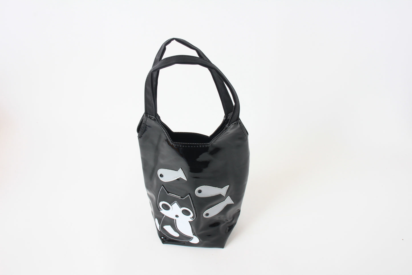 Cute Chubby Cat Pattern Water Bottle Bag Glossy Black made in Japan