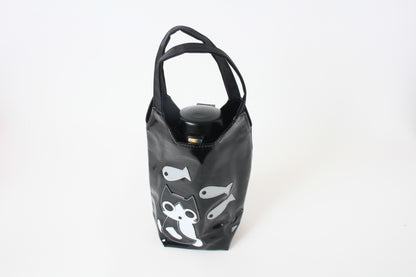 Cute Chubby Cat Pattern Water Bottle Bag Glossy Black made in Japan