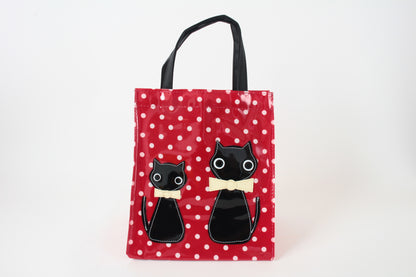 Mini Tote Bag w/ Ribbon Cat & Dot Pattern Red Polka Dots made in Japan