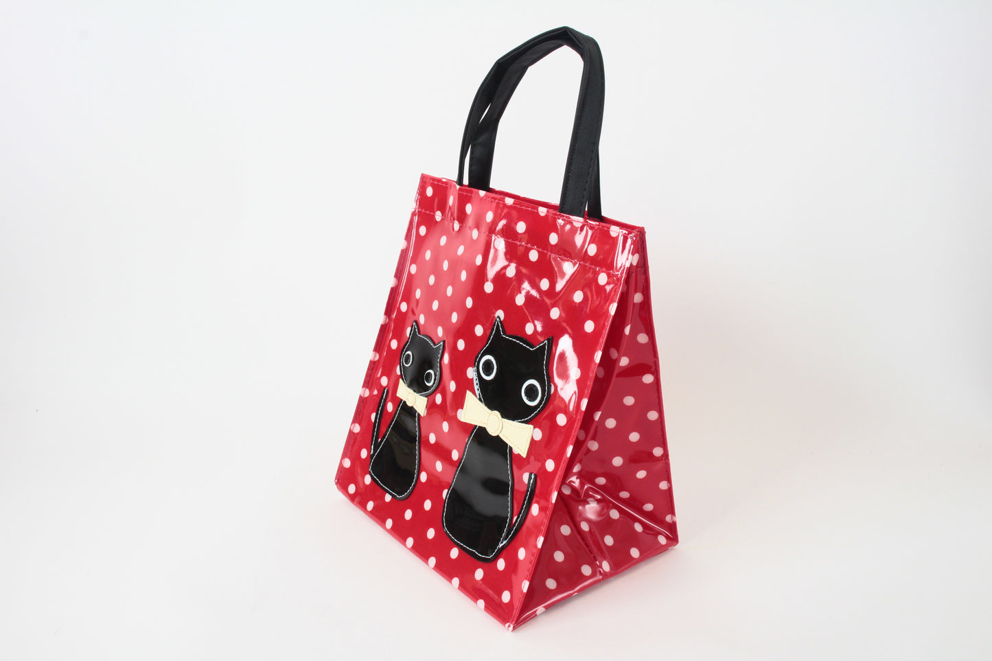 Mini Tote Bag w/ Ribbon Cat & Dot Pattern Red Polka Dots made in Japan