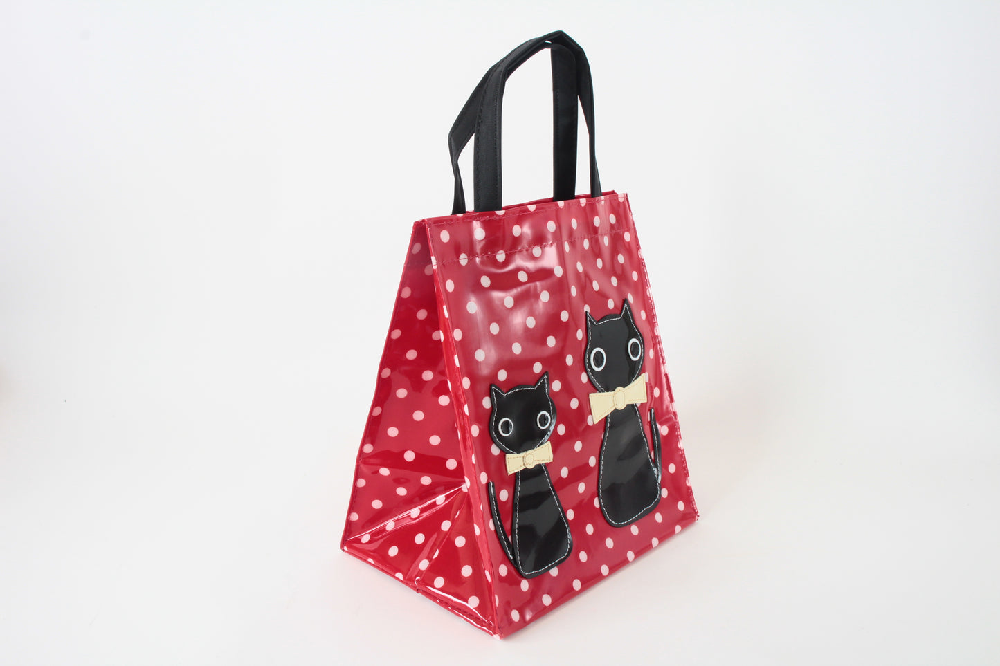 Mini Tote Bag w/ Ribbon Cat & Dot Pattern Red Polka Dots made in Japan