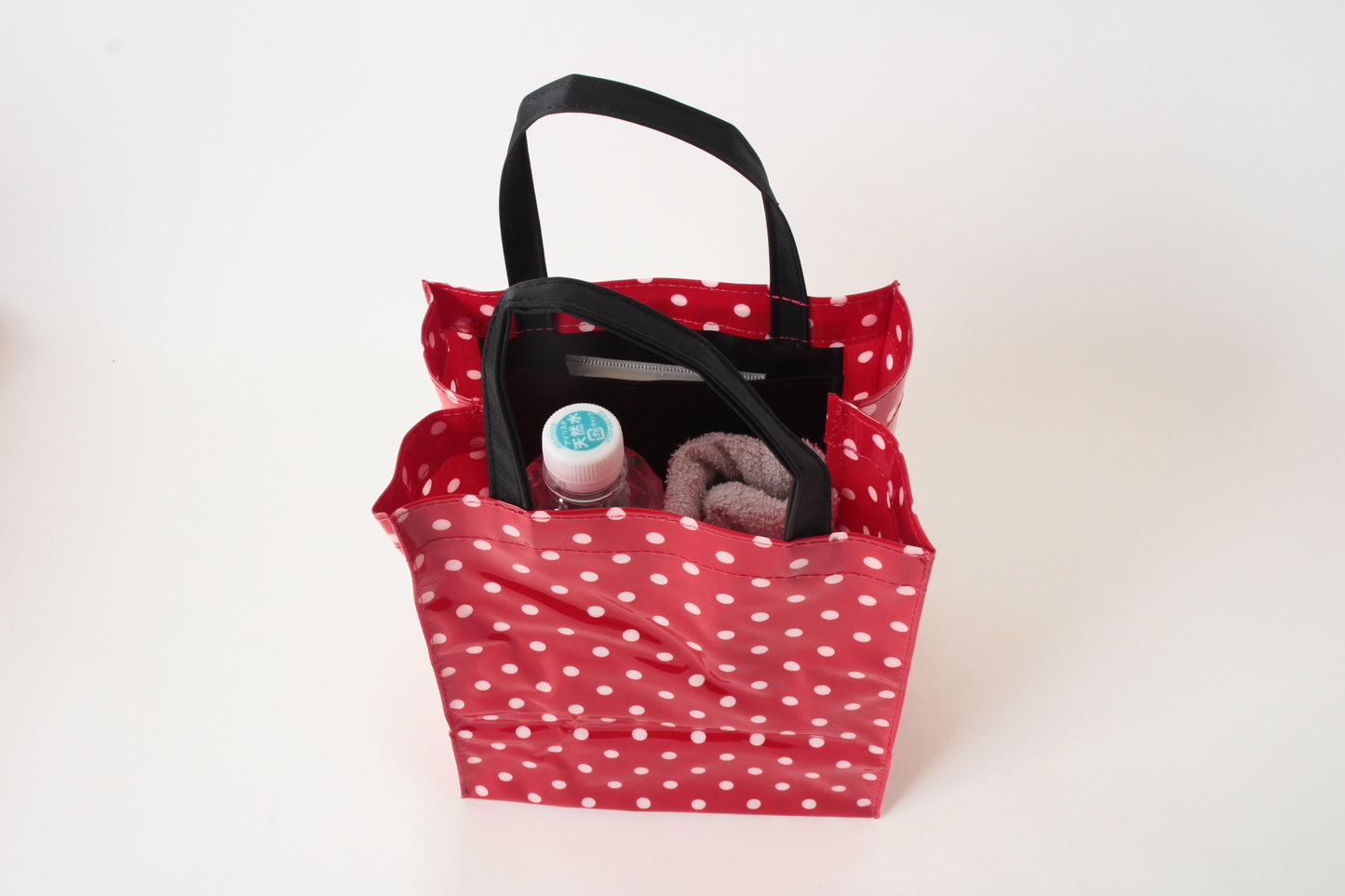Mini Tote Bag w/ Ribbon Cat & Dot Pattern Red Polka Dots made in Japan