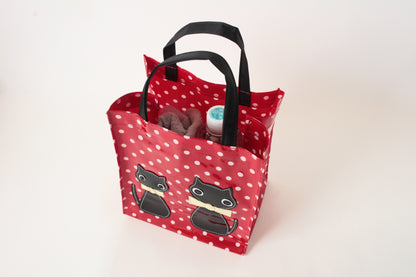 Mini Tote Bag w/ Ribbon Cat & Dot Pattern Red Polka Dots made in Japan