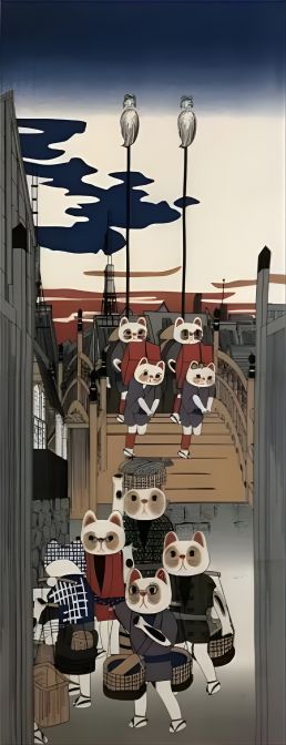 Lucky Cat Japanese Hand Towel Nihonbashi The fifty-three stations of the Tokaido made in Japan