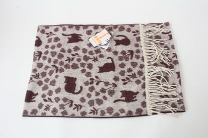 Soft Jacquard Cat & Flower Pattern Scarf Off White made in Japan