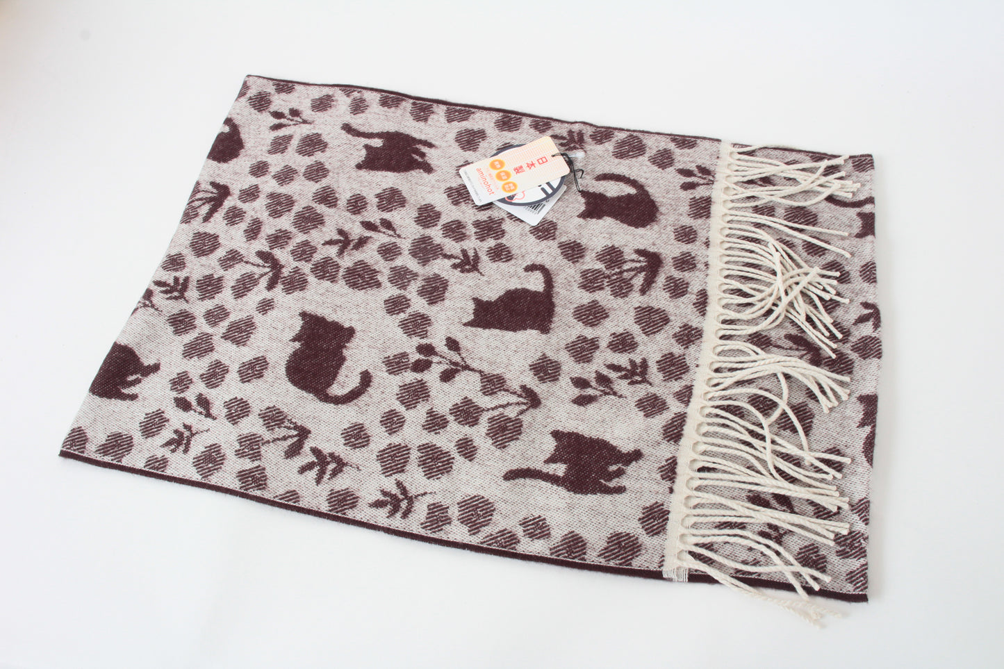 Soft Jacquard Cat & Flower Pattern Scarf Off White made in Japan