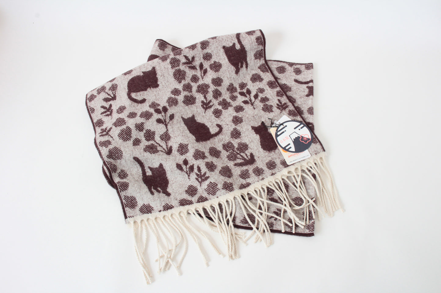 Soft Jacquard Cat & Flower Pattern Scarf Off White made in Japan
