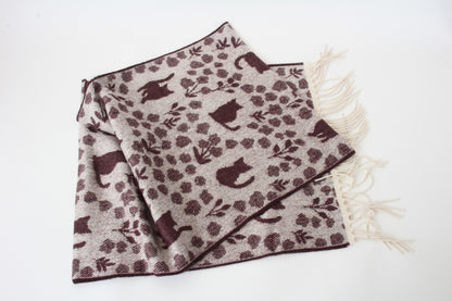 Soft Jacquard Cat & Flower Pattern Scarf Off White made in Japan