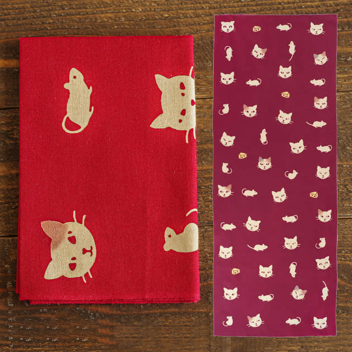 Tenugui Japanese Traditional Towel Made in Japan 100% cotton eco-friendly Featuring Cute Cat Design Patterns (Cat and Mouse)