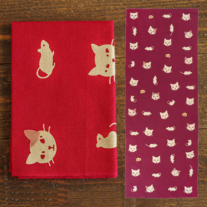Tenugui Japanese Traditional Towel Made in Japan 100% cotton eco-friendly Featuring Cute Cat Design Patterns (Cat and Mouse)