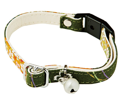 Cat Collar Japanese Sakura Cherry Blossom Pattern w/ a Bell Green, Breakaway buckle made in Japan