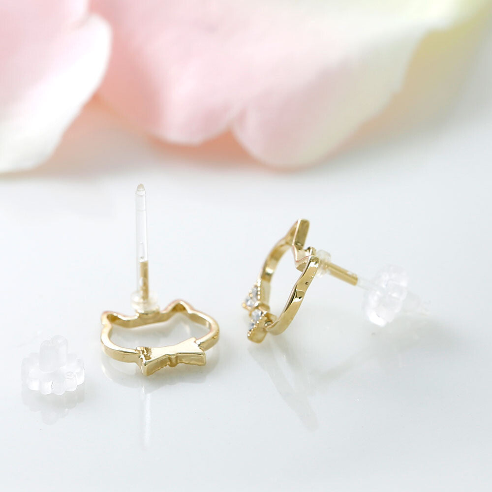 Cat Face-shaped Gold Frame Bow Tie with Crystal Glass Stud Earrings [made in Japan]