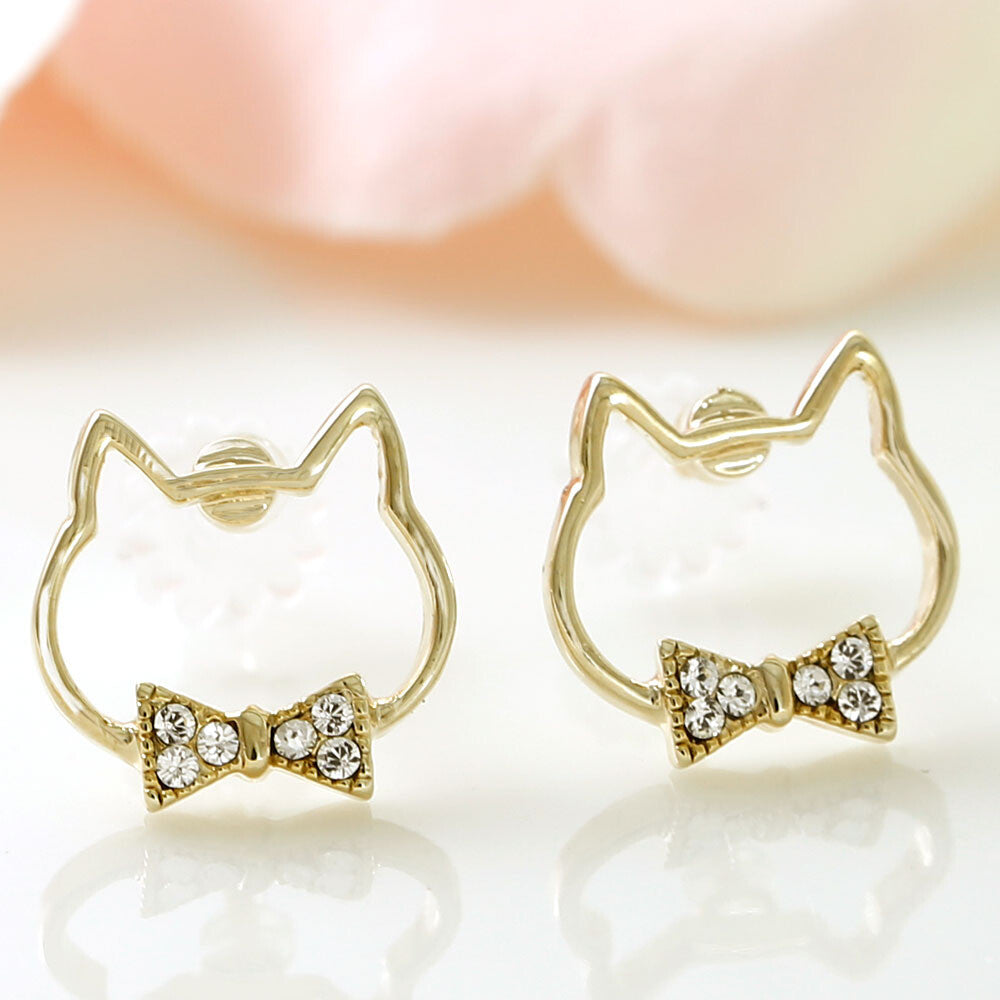 Cat Face-shaped Gold Frame Bow Tie with Crystal Glass Stud Earrings [made in Japan]