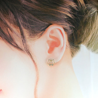 Cat Face-shaped Gold Frame Bow Tie with Crystal Glass Stud Earrings [made in Japan]